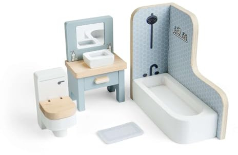 Bigjigs Toys Bathroom Set, Dolls House Furniture with Bath, Sink & Toilet | Miniature Bath, Sink & Toilet Figures, Wooden Dolls House Bathroom Playset, Gift for Children, Age 3+