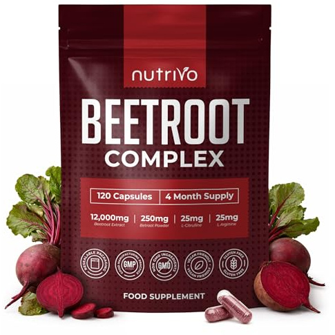 Nutrivo Beetroot Capsules High Strength 12,000mg | Beetroot Extract Complex with L-Citrulline, L-Arginine - Nitric Oxide Booster | 120 Capsules - 4 Month Supply | Vegan & UK Made