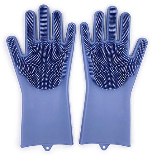Zerotwo Geschirrhandschuhe, Silikon Spülhandschuhe mit Wash Scrubber Reinigungshandschuhe,Kitchen Gloves,Magische Handschuhe,Silikonhandschuhe für Küche, Abwasch, Tierpflege, Bad, Autowäsche (Marine)
