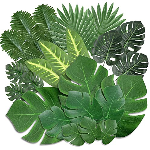 Juego de 100 hojas de palmera, 8 tipos, hojas de palma artificiales con tallos, plantas tropicales, hojas de palma y hojas de monstruo, hojas decorativas verdes para selva, safari, playa, temática de