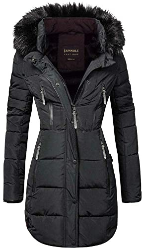 Spindle Womens Designer Long Fur Parka Hooded Jacket Quilted Winter Padded Coat Zip Pockets (M, Black Hooded)