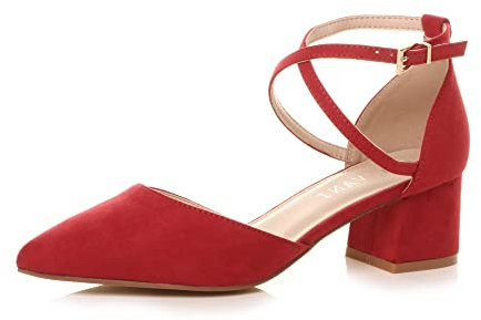 AJVANI Womens Ladies mid Block Heel Cross Strap Evening Mary Jane Court Shoes Size 7 40 Red Suede