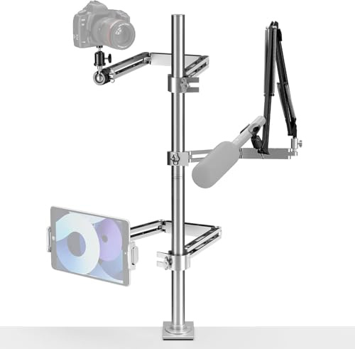 Soonpho SP-T11 Overhead stativ kamera bordsstativ, webbkamerahållare, bord, overhead tripod med 3 delar, flexibel arm, mobiltelefonhållare, surfplatteklämma, mikrofonstativ och kulhuvud för live (kit
