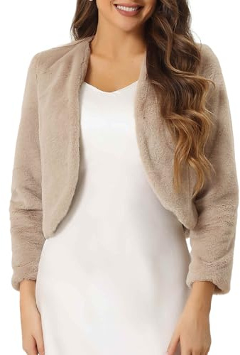 Allegra K Chaqueta Recortada para Mujer Abrigo de Invierno Bolero de Manga Larga con Frente Abierto de Piel Sintética Caqui L