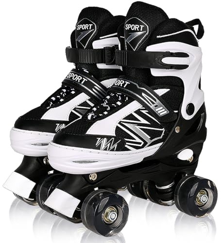 SYXKJ Boys Girls 4 Size Adjustable Kids Roller Skates for Children Toddlers Beginner with All Light Up Wheels, Birthday Gift for Outdoor Indoor Sports (Black White, Large)