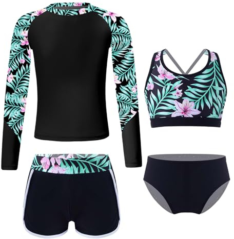 Yruioon 3 stycken baddräkter för flickor, UV-skydd, långärmad badskjorta och linne, badbyxor, barn, bikini, tankini, badset, simkläder