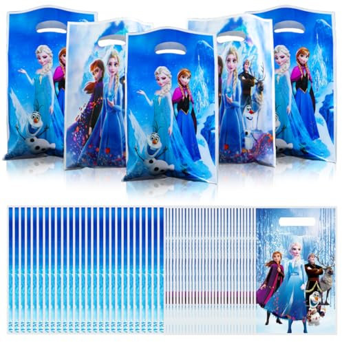 Geschenktüten Kindergeburtstag, Mitgebsel Tüten, 60 Stück Gift Bags aus Plastik, Eiskönigin Partytüten für Kleine Geschenke, Süßigkeiten, Kekse, für Geburtstag Mädchen Jungen