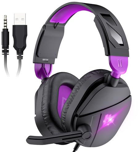 Cascos Gaming, Auriculares Gaming Over-Ear Cancelación de Ruido con Micrófono, Graves Envolventes 3D, Cascos para PS4/PS5/PC/Xbox One/Switch, Almohadillas De Proteína, 3.5mm Jack, Cable de 1,8m LED