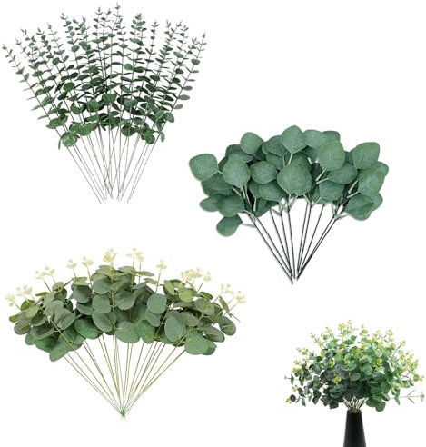 RHQFDM 30 rami di eucalipto artificiali in plastica verde, piante di eucalipto decorazione rami artificiali foglie decorazione per matrimoni, giardini, ufficio (3 stili)