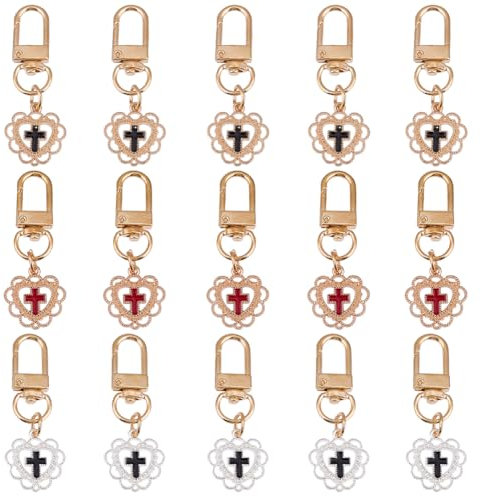 GORGECRAFT 15 pièces 3 Couleurs Petite Croix Porte Clés Alliage Émail Or Forme de Cœur Breloque Porte Clés Croix Pendentif Suspendu Clés Anneau Clip Porte Clés pour Clés Sacs à Main Sacs à Dos
