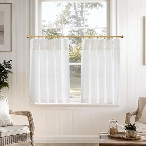 TOPICK Lot de 2 Rideaux Brise-bise en Lin Blanc avec Plis à écraser, Semi-Transparents, pour Porte de Balcon, Maison de Campagne, Courts, avec Passants cachés, 65 x 60 cm (l x H)
