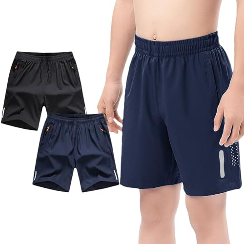 Jamron Ragazzi Pacco da 2 Pantaloncini Sportivi Pantaloncini da Corsa con Tasche a Zip e Striscia Riflettente per 12-13 Anni Nero + Blu Navy