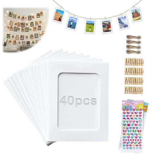 PDKKFF 40 Cadres Photo en Carton Kraft, Blanche Guirlande Photo Murale avec 40 Clips Bois, 4 Cordes, 2 Autocollants, 11.4x15.5cm, Idéal pour Décoration de Maison, Chambre, Soirée, École