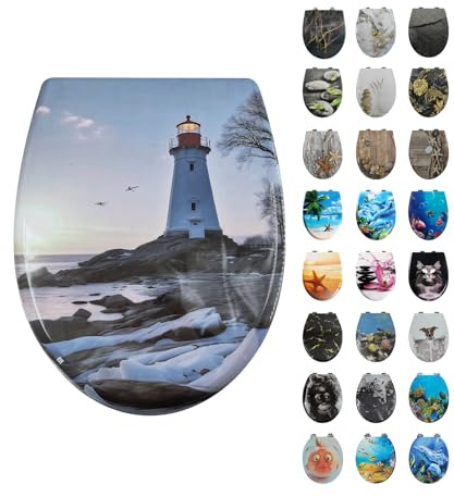 Toilettendeckel mit Absenkautomatik, WC Sitz mit Absenkautomatik Oval Form klodeckel Einfache Reinigung, Abnehmbarer WC-Sitz, 150kg belastbar, einfache Montage – Motiv:Blauer Himmel Leuchtturm