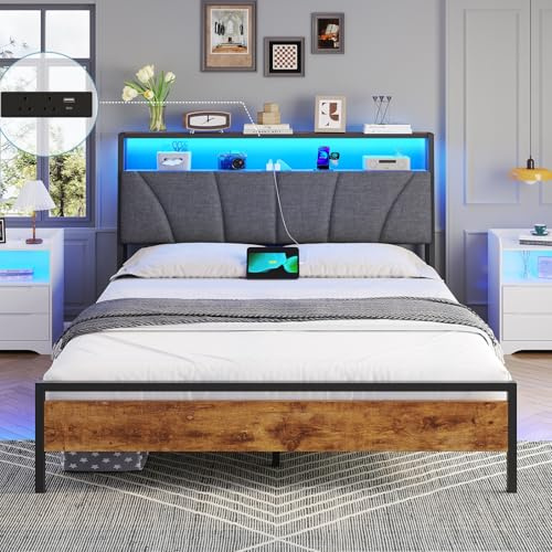 DICTAC Double Bed Frame with Upholstered Storage Headboard, Stable and Sturdy Metal Double Bed Frame with Charging Station & LED Lights, 135x190 cm Platform Bed Frame No Box Spring Needed, Noise Free