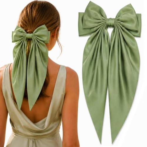 Pistachio Mist Large Satin Bow Hair Clip - French Style Long Ribbon Barrette with Oversized Soft Satin Bow, Secure Clip for Fresh Ponytails, Feminine Effortless Everyday Looks & Clean Girl Styling