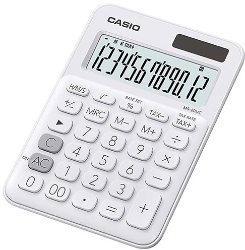 CASIO Tischrechner MS-20UC-WE, 12-stellig, in Trendfarben, Steuerberechnung, Zeitumrechnung, Solar-/Batteriebetrieb, 2.3 x 10.5 x 14.95 cm