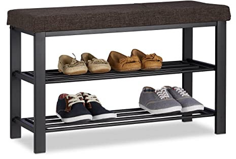 Relaxdays Schuhbank, gemütliches Sitzpolster mit Stoffbezug, offen, 2 Ebenen für Schuhe, Metall, HBT: 50x81x32cm, braun
