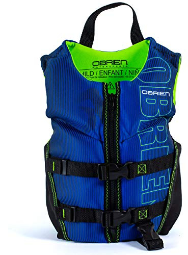 O'Brien Child Flex V-Back Neoprene CGA Life Jacket for Watersports, Boating, Swimming, and Paddle, Adjustable Fit - Size 35 to 55 lbs, Blue/Lime