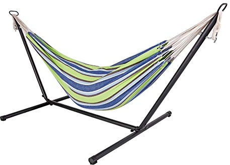 Hamaca doble para exteriores con estructura 285 x 120 x 110 cm – verde y azul – hamaca con barra para 2 personas – soporta hasta 150 kg