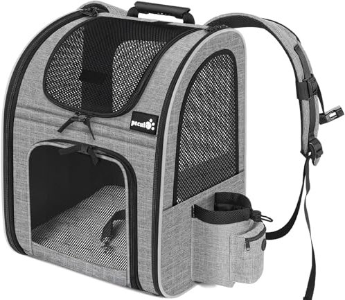 Pecute Haustier Rucksack mit Netzfenster, Tragbare und Faltbare Katzentasche, Atmungsaktive und Leichte Hundetasche, Wasserdichtes Oxford-Tuch mit viel Platz, Multifunktionales Rutschfestes Grau 6kg