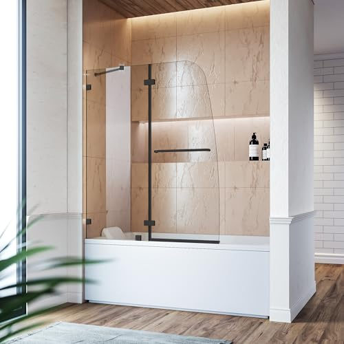 SUNNY SHOWER Frameless Shower Door for Bathtub,Hinged Tub Screen,Tempered Glass Tub Door,48 W x 58 H,Black Finish,Support Bar Included