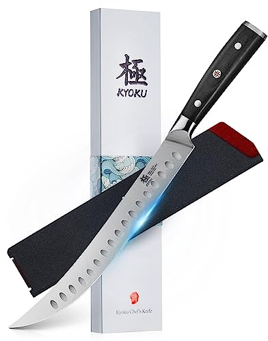 KYOKU 10 Scimitar Knife, Samurai Series Cimitar Breaking Knife with Pakkawood Handle, Japanese Style High Carbon Steel Butcher Knife, Full Tang Meat Slicing Knife for Roast Ham with Sheath and Case