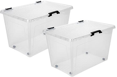 Aufbewahrungsbox 52L mit Deckel, Rollen und Clipverschluss 60x40xH35cm Kunststoffbox Stapelbox Spielzeugkiste Lager Regal Box transparent stapelbar Stapelboxen für Kleidung Spielzeug Deko Aufbewahrung