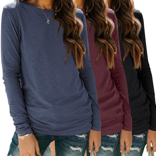 SUNBS 3-Pack Everyday Basic Tees for Women, Loose Long Sleeve Tops for Fall, Work to Weekend Shirts for Workout & Casual BlackWineDarkblue L