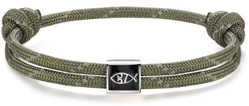 J.Endéar Jesus Fish Pulsera Náutica | Joyería Cristiana Plata 925 para Hombre Mujer Niño | Pulsera Paracord para Surfista, Verde