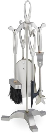 Relaxdays Set 5 Attrezzi da Camino o Stufa, Attizzatoio, Pala, Scopino Pinza Supporto Utensili Caminetto, Ferro, Argento