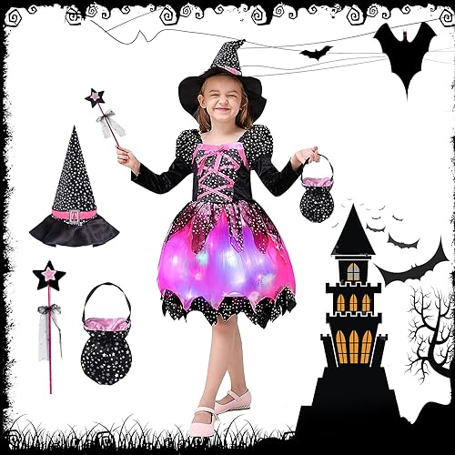 BGIUSQF Costume Déguisement de Sorcière Fille 130 cm, LED Robe de Sorcière Enfant, Chapeau, Baguette Magique, Sac de Bonbons, Deguisement Halloween Enfant