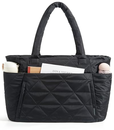 bagsmart Bolsa de mano para mujer, bolsa de mano hinchada con cremallera, bolsa de hombro acolchada grande con compartimentos para viajes, trabajo, gimnasio, Black, Large
