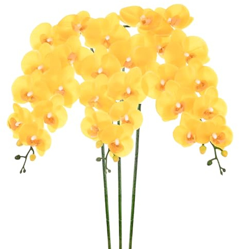 M METERXITY Pack De 3 Flores Artificiales De Orquídea 9 Pétalos Grandes 37 Pulgadas Ramo Falso De Seda Phalaenopsis Tacto Real Amarillo Hogar/Boda/Navidad/Fiesta/Jardín Oficina