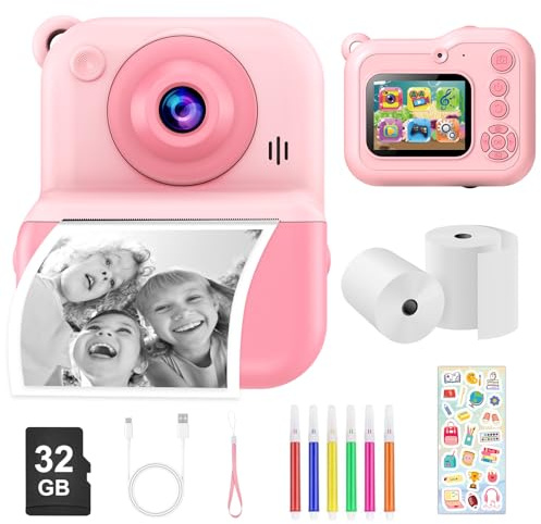 Glyntora Kids Instant Camera Printer,1440P HD Instant Camera for Kids 2.4'' Screen Digital Camera with 32GB Card & 2 Rolls Print Paper Birthday Gifts Toys for Boys Girls Aged 3-12 Pink