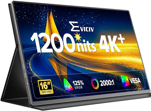 EVICIV Monitor Portátil 16 Pulgadas 4K 1200 Nits 3840x2400 2000:1 125% sRGB USB-C HDMI, Compatible VESA con Funda, Alta Luminosidad Portable Monitor para Exteriores para Portátil/Teléfono/Consola