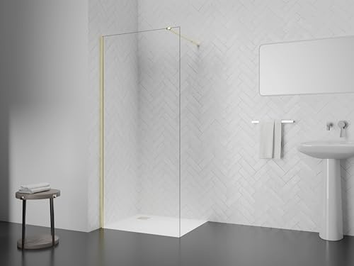 Walk-In duschvägg 90 x 200 cm – 8 mm ESG säkerhetsglas klarglas, guld aluminiumram, stabiliseringsbygel 70–100 cm, enkel montering modern duschavskiljare