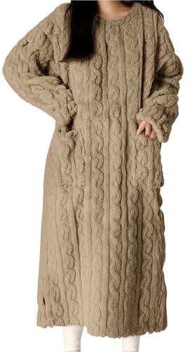 Långärmad husklänning för kvinnor med fickor – långärmad fleece vinter nattlinne – nattklänningar plusstorlek vinterrock pyjamas med fickor plysch myskläder vinter morgonklänning, Kaffe, M