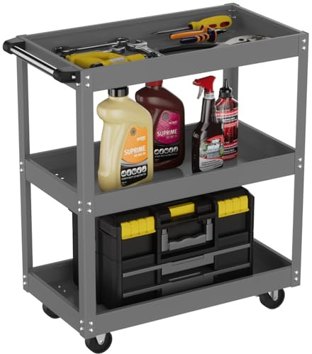 ALANNG Heavy Duty 3-Tier Utility Cart on Wheels, Rolling Tool Trolley 90 KG Weight Capacity, Utility Cart Garage Storage for Workshop, Warehouse (Grey)
