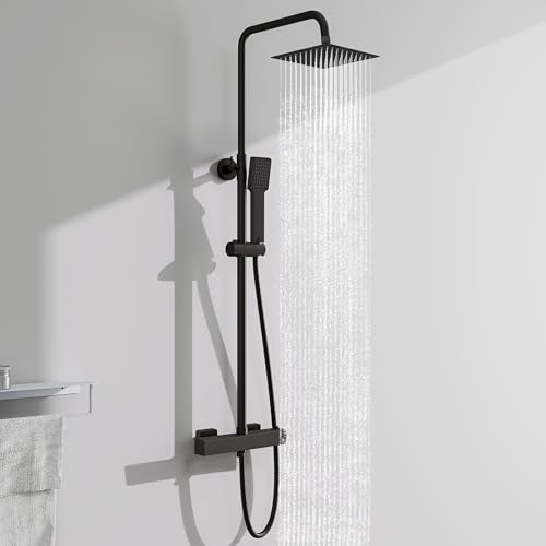 AICA Ensemble de colonne de douche thermostatique pour salle de bain, robinet de douche thermostatique, douche de tête carrée, chromé, hauteur réglable 720 mm-1250 mm (style1)