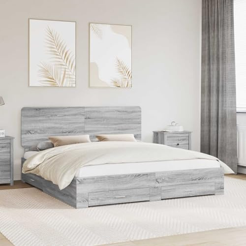 Qnhdfrt Grey Sonoma King Size Bed Frame 200x200 cm Super King with 2 Built-in Storage Drawers Engineered Wood Modern Durable Easy Assembly for Contemporary Bedroom