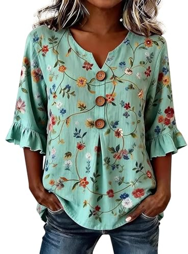 Camicia Donna Manica 3/4 Elegante con Volant Camicetta Estiva Fantasia Curvy Scollo a V Blusa Leggera Comoda Stampa Maglia Shirt Tops con Bottoni Magliette Casual Loose Tunica Blusa