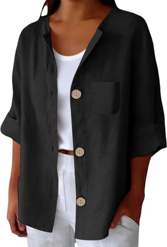 Camicia Lino Donna Maniche Tre Quarti Girocollo Estiva Moda Camicie Elegante Blusa Casual con Bottoni e Tasca Camicetta da Spiaggia Classico Leggera Comoda Lavoro Viaggi Uso Quotidiano