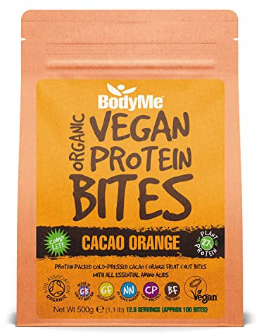 BODYME Organic Vegan Protein Bites – Raw Cacao Orange - 100% Plant-Based, No Added Sugar – Gluten-Free, Dairy-Free-On-The-Go High Protein Snack- 10g Protein Per Serving (500g - 12.5 Servings)