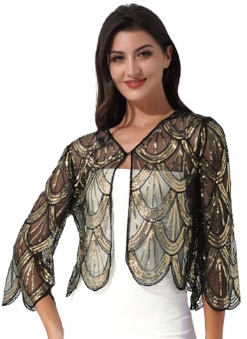 Hedmy Womens Lightweight Sequin Hollow Lace Bolero Cardigan Long Sleeves Evening Cocktail Party Shrug Cover Up Gold One Size