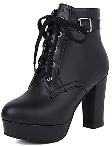 Lroey Reoly Botines Mujer Tacón Ancho, Botines de Vestir Moda Zip Botines Tacón Alto Punta Rojoonda con Plataforma 545 Negro Talla 38 EU