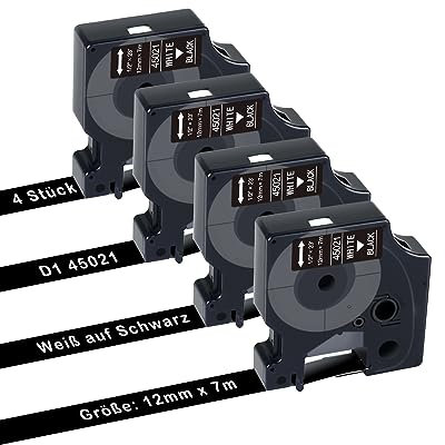 UNOKA 45021 Kompatibel für Dymo D1 Etikettenband Weiß auf Schwarz 12mm x 7m, 45021 A45021 für LabelManager 160 210D 360D 280 420P 500TS PNP 450 DUO, White Black