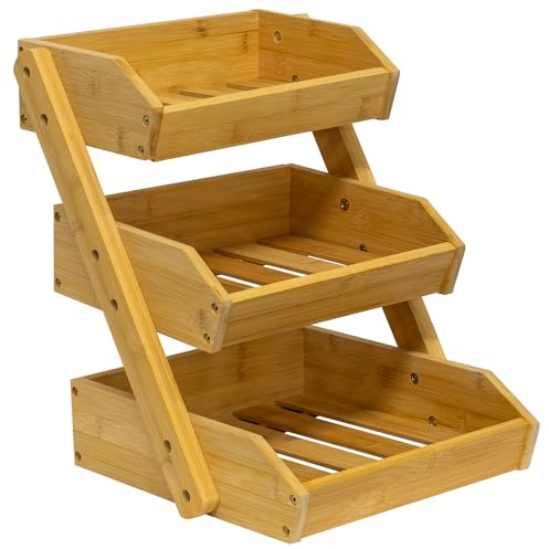 Woodside 3-Tier Bamboo Fruit & Vegetable Rack Holder, Decorative Produce Organiser for Kitchen/Shop Counter/Market Stall, Wooden Bread Storage Stand