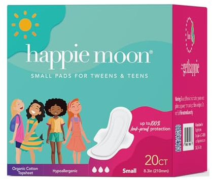 Happie Moon Small Organic Cotton Cover Tween and Teen Pads | Ultra Thin Cotton Pads with Wings |Chlorines-Free & Fragrance-Free | 20 Count