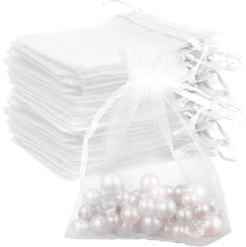 Tecfinty Organza Bags, 100 Pcs, 8x10cm, White, Drawstring, Gift, Jewellery, Favour Bags